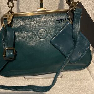P446. Wanderer's Travel Co.Teal Leather Shoulder Bag w/ Coin Purse & Crossbody